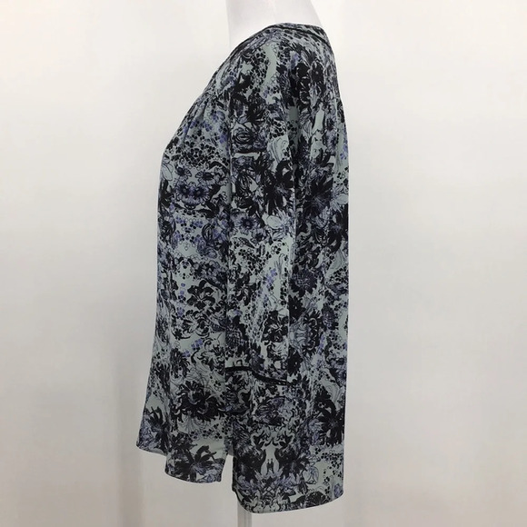 Rebecca Taylor Blouse Womens 0 Blue Black Floral Kiku Print 3/4 Sleeve Silk Top‎ - Picture 4 of 12